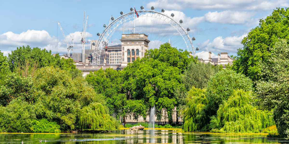 London Eye z widokiem na budynek z zielonym stawem